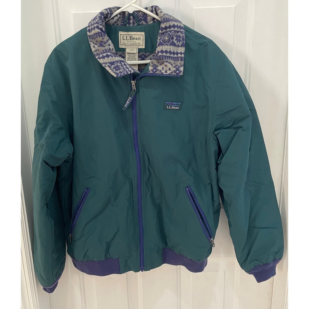 LL Bean Warm-Up Jacket Mens Medium Teal Green Aztec Fleece Lined Bomber 508733